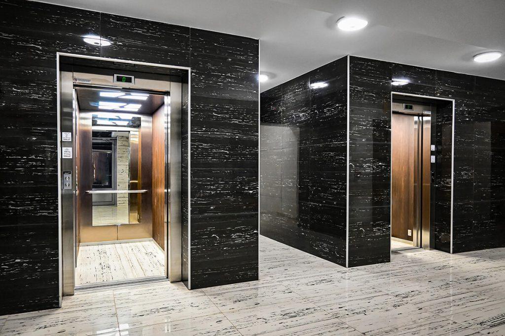 Two Orona elevators in a commercial building