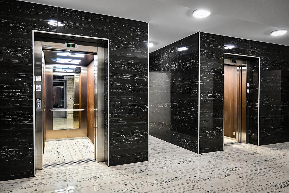 Two Orona elevators in a commercial building